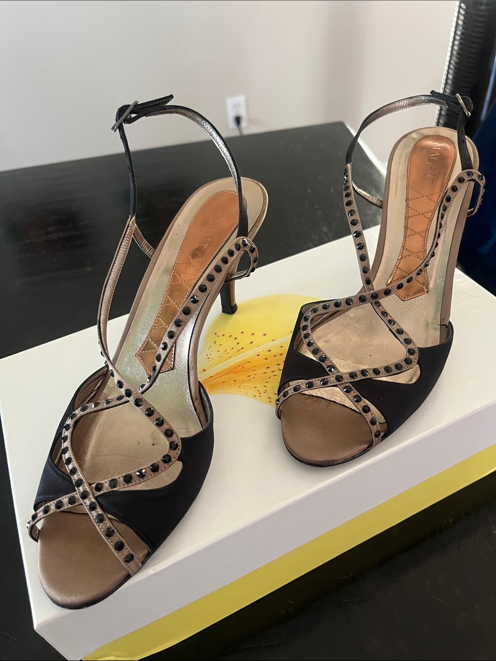 Black Stud-Embellished Open-Toe Slingback Heels